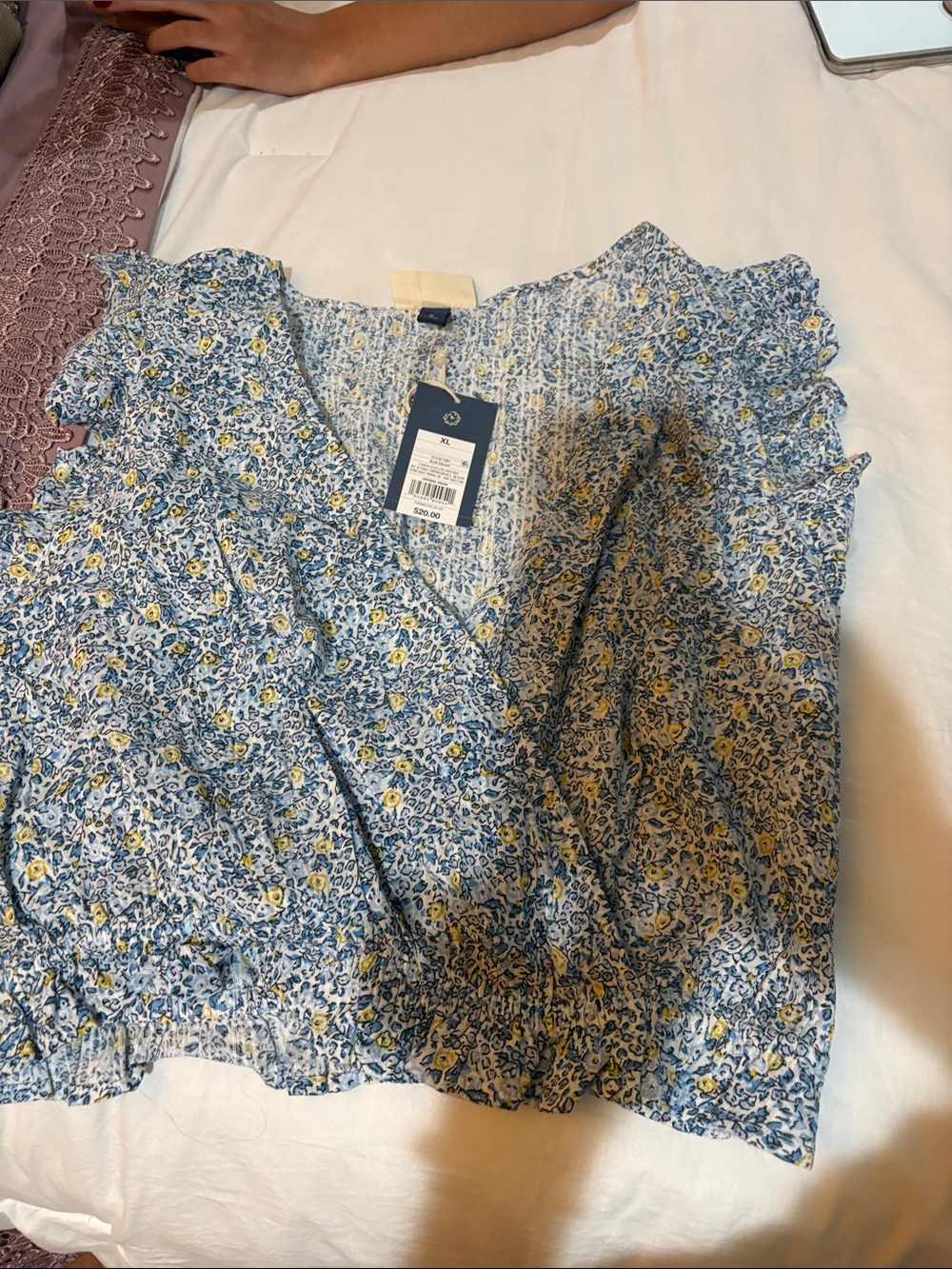 Universal Thread Blue Floral V-Neck Ruffle Sleeve Blouse with Yellow Accents